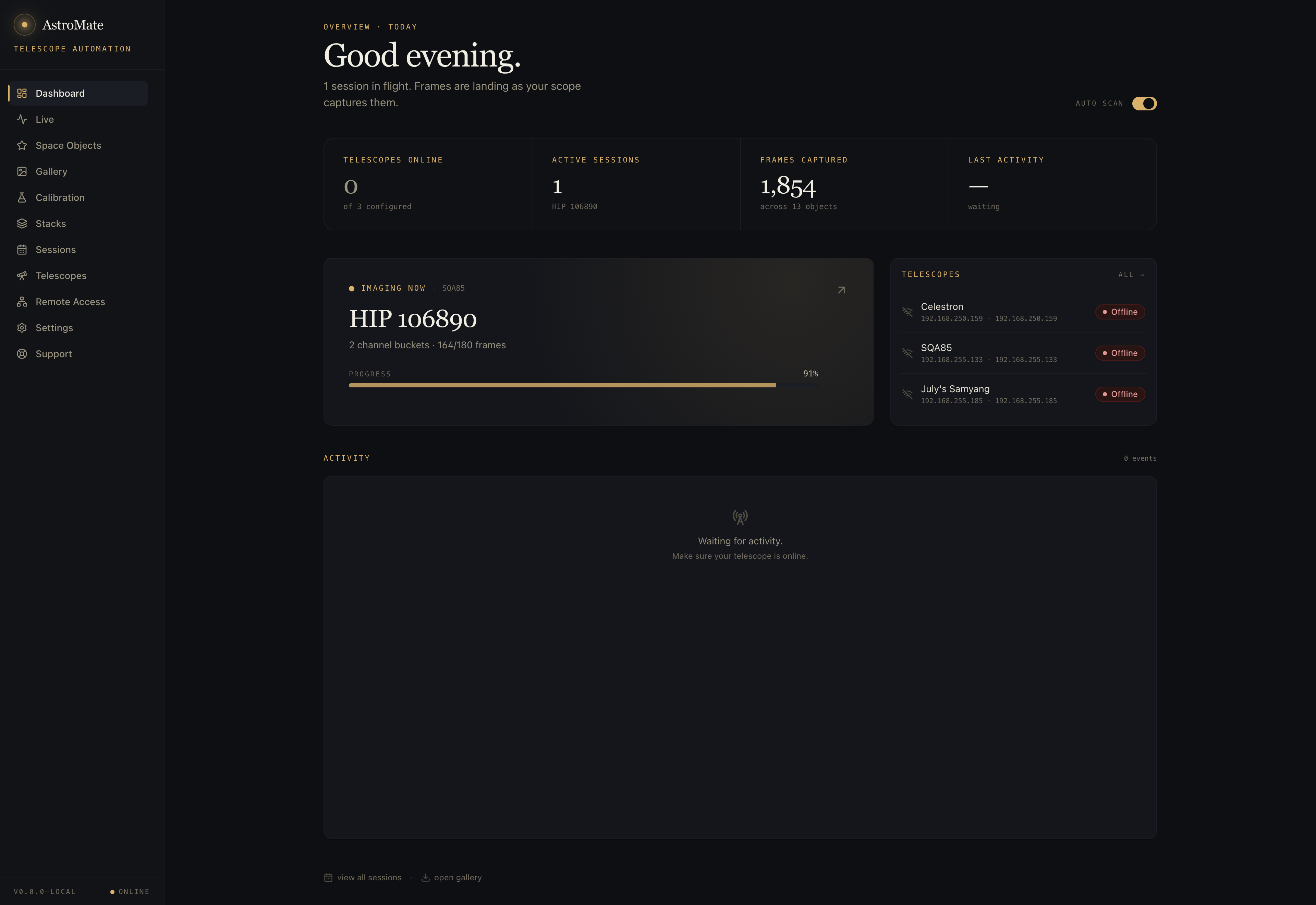 AstroMate dashboard - live session, vital stats, telescope list