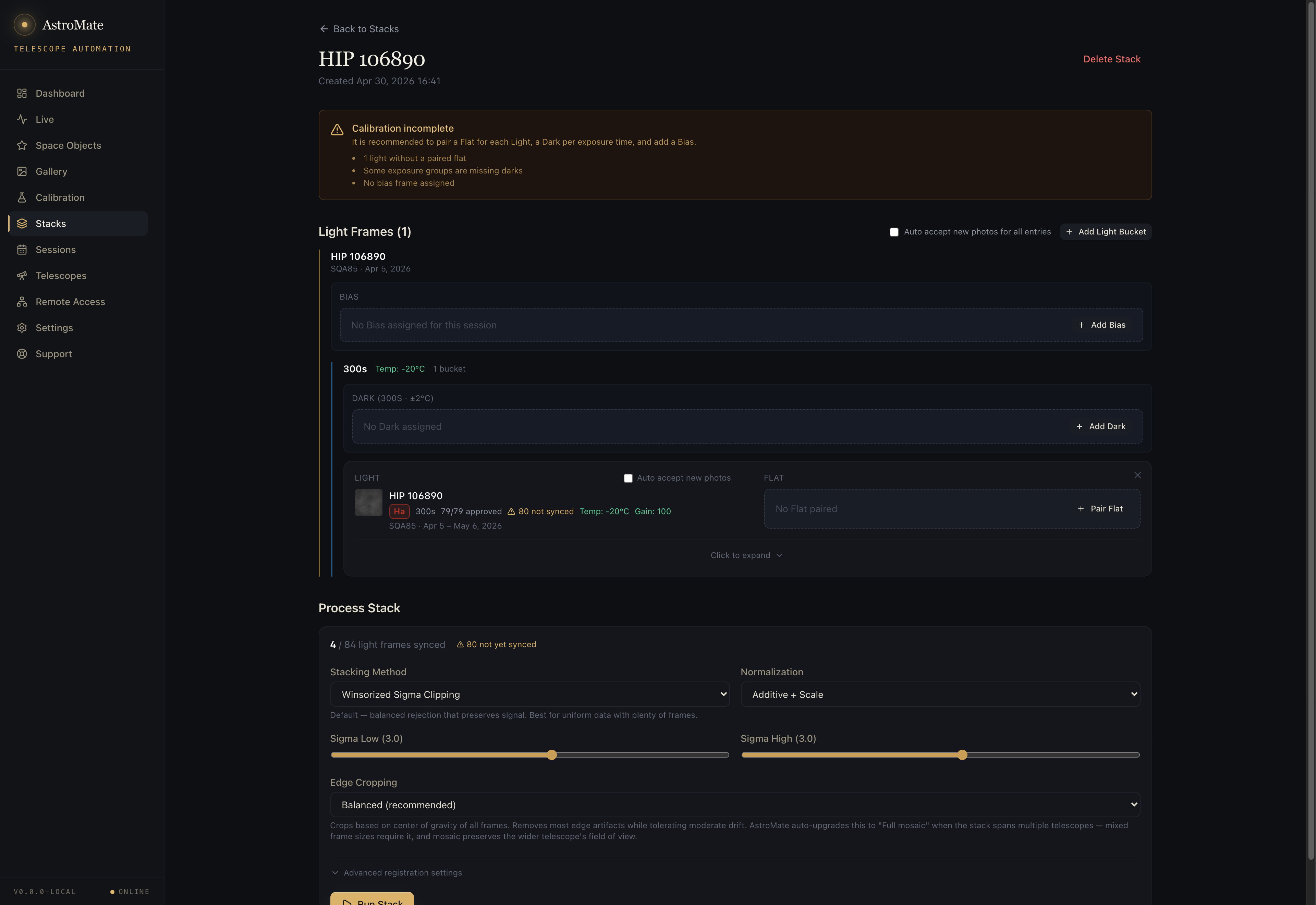 AstroMate stack editor with light entries and calibration assignments